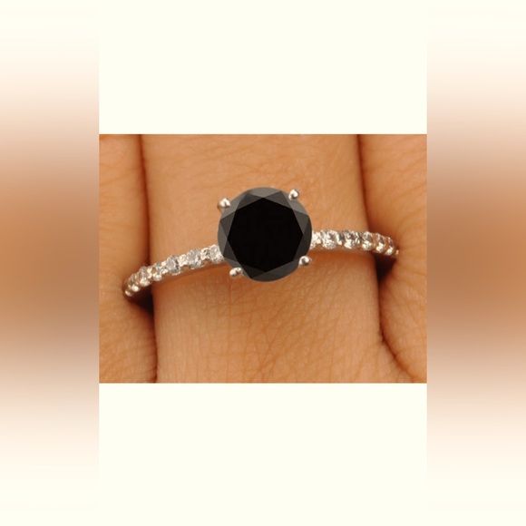 1.56Ct Round Shape Natural Earthmined Black Diamond Solitaire Ring In 925 Silver - Picture 1 of 8